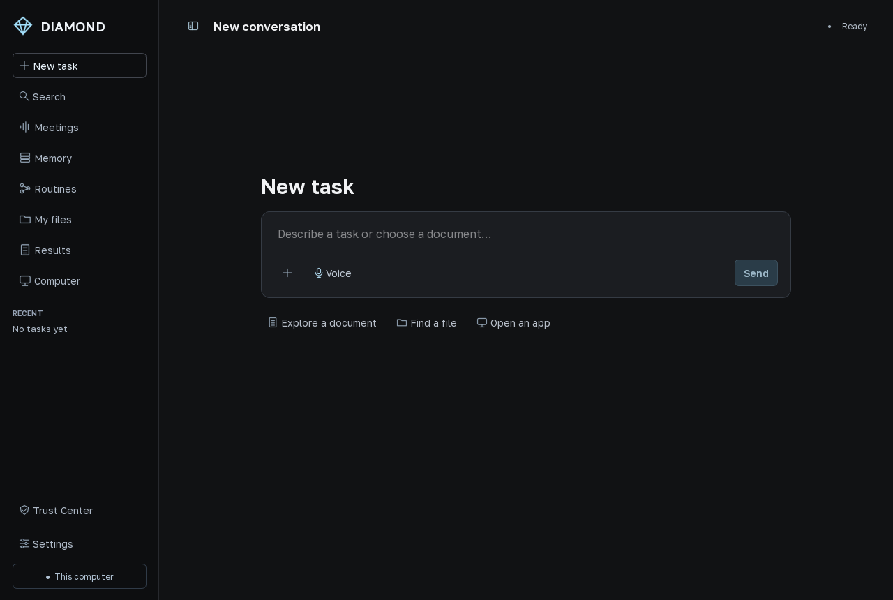 Actual Diamond Windows interface in English, showing the task composer, voice control and workspace navigation.